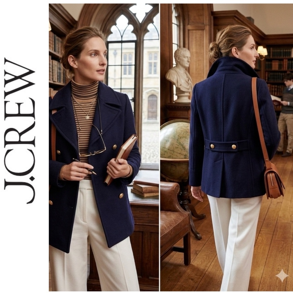 J.CREW STADIUM CLOTH NELO GORI WOOL DOUBLE BREASTED PEA COAT GOLD BUTTONS